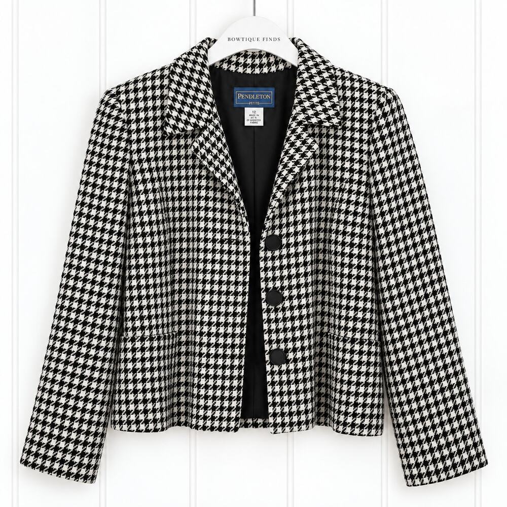 Pendleton Blazer Womens 12 Black White Houndstooth Silk Blend Made USA Lined